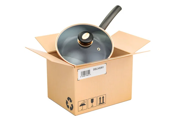 Frypan inside parcel, delivery concept. 3D rendering — Stock Photo, Image