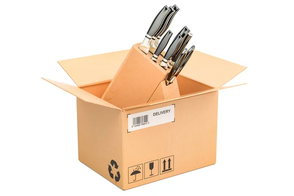 Cuchillos de cocina con bloque de madera dentro de la caja de cartón, entrega —  Fotos de Stock