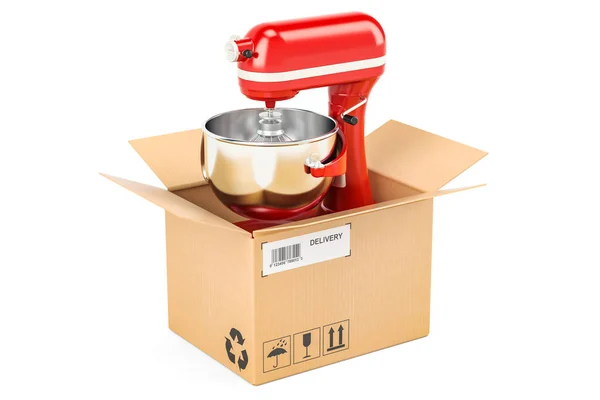 Stand kitchen mixer inside parcel box, delivery concept. 3D rend — Stock Photo, Image