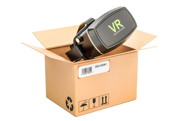 VR brýle uvnitř lepenkové krabice, dodání koncept. 3D vykreslování — Stock fotografie