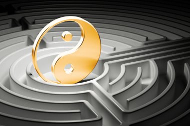 Yin ve yang bir labirent, ortasındaki uyum kavramı için yol. 3D