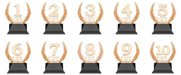 Gouden trofee niveau kopjes eerste, tweede, derde, vierde, vijfde, si — Stockfoto