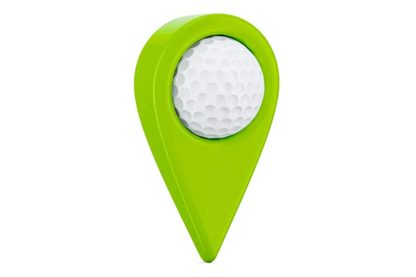 Kartenzeiger mit Golfball, Lagekonzept. 3D-Darstellung — Stockfoto