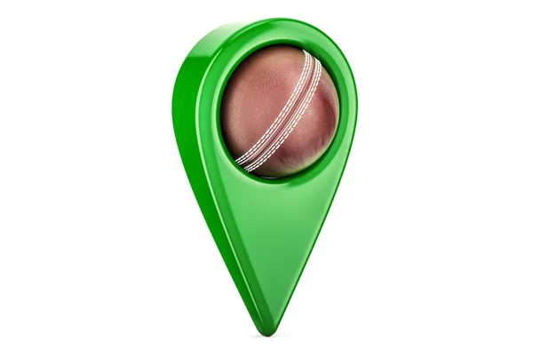 Kartenzeiger mit Cricketball, Standortkonzept. 3D-Darstellung — Stockfoto