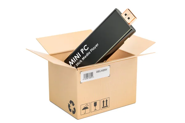 Mini PC TV Dongle Stick dentro do pacote, conceito de entrega. Rend 3D — Fotografia de Stock