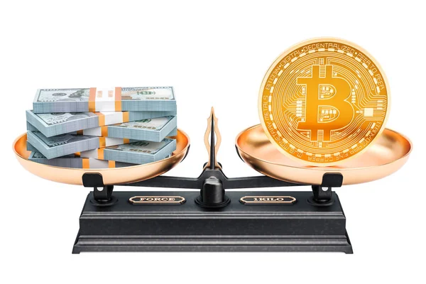 Concept van evenwicht, bitcoin en dollar. 3D-rendering — Stockfoto