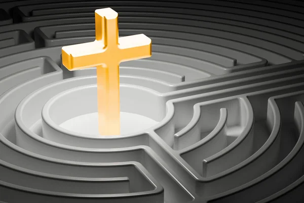 Христианский крест в центре лабиринта, путь к религиозной концепции — стоковое фото