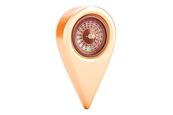 De aanwijzer van de kaart met casino roulette, locatie concept. 3D-rendering — Stockfoto