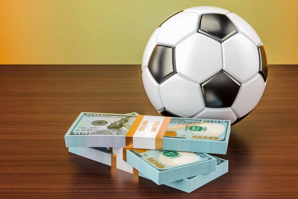 Sport bets. Money and soccer ball on the wooden table, 3D render