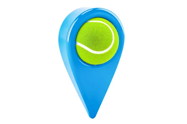 Kaart aanwijzer met tennisbal, locatie concept. 3D-rendering — Stockfoto
