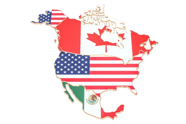 Mapa Severní Ameriky s vlajkami Usa, Kanady a Mexika. 3D r — Stock fotografie