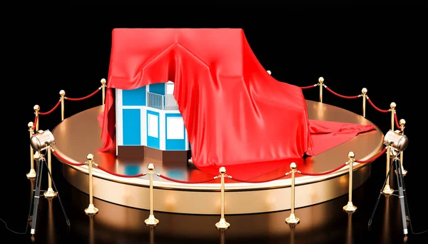 Podio con casa cubierta de tela roja. Renderizado 3D — Foto de Stock