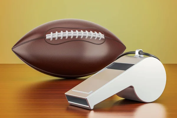 Pallone da football americano con fischietto sul tavolo di legno, 3D strend — Foto Stock