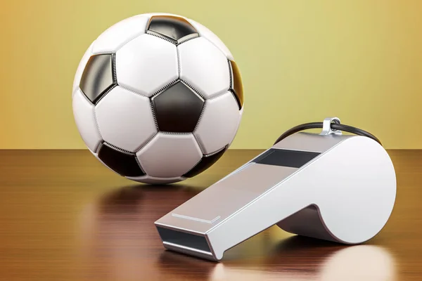 Футбольный мяч со свистом на деревянном столе, 3D рендеринг — стоковое фото