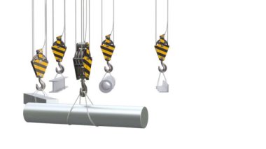 Vinç metaller animasyon kavramı haddelenmiş Metalurji ürünleri ile kanca. Beyaz arka plan üzerinde izole 3d render