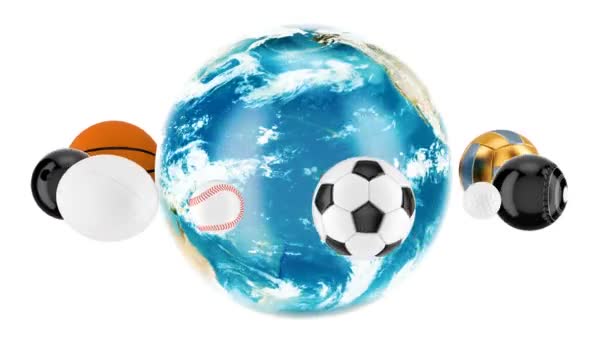 Globo Terrestre Con Palline Sportive Intorno Concetto Animazione Rendering Isolato — Video Stock