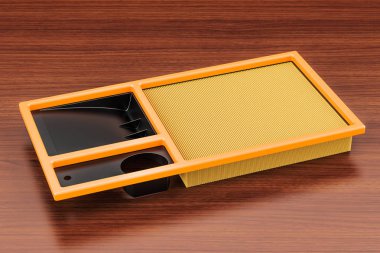 Hava Filtresi ahşap masa üzerinde araç için. 3D render