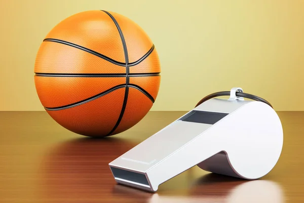 Basketball ball with whistle on the wooden table, 3D rendering — Stock Photo, Image