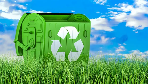 Green garbage container in green grass against blue sky, 3d rend — Stock Photo, Image