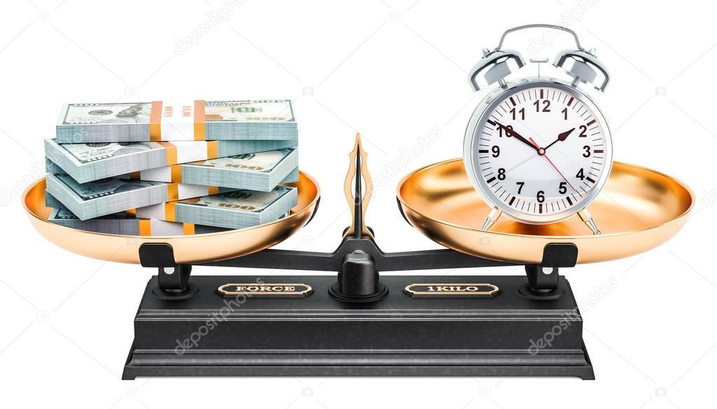 Balance concept, alarm clock and dollar packs. 3D rendering