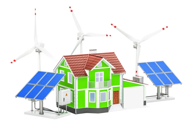 Будинок з сонячними панелями та вітровими турбінами. відновлюваної енергетики — стокове фото
