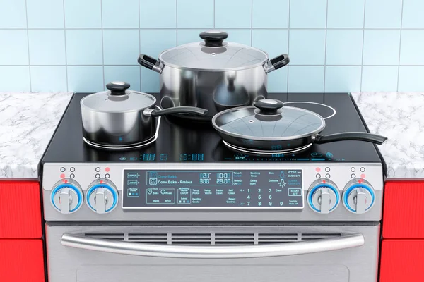 Electric slide-in convection range with pot, pan and frypan. 3D — Stock Photo, Image