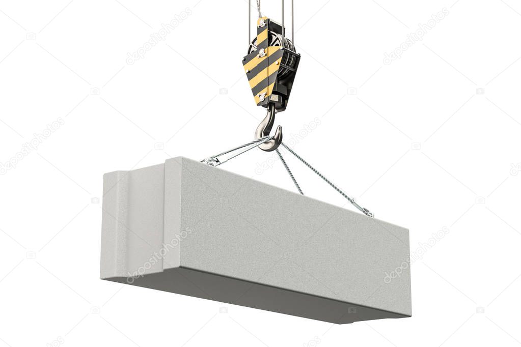 Crane hook with foundation concrete block. 3D rendering