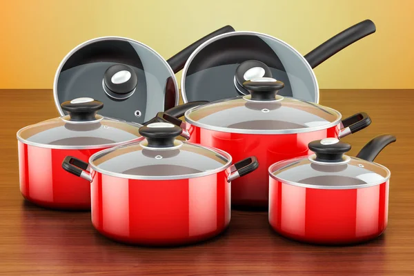 Set of cooking red kitchen utensils and cookware. Pots and pans — Stock Photo, Image