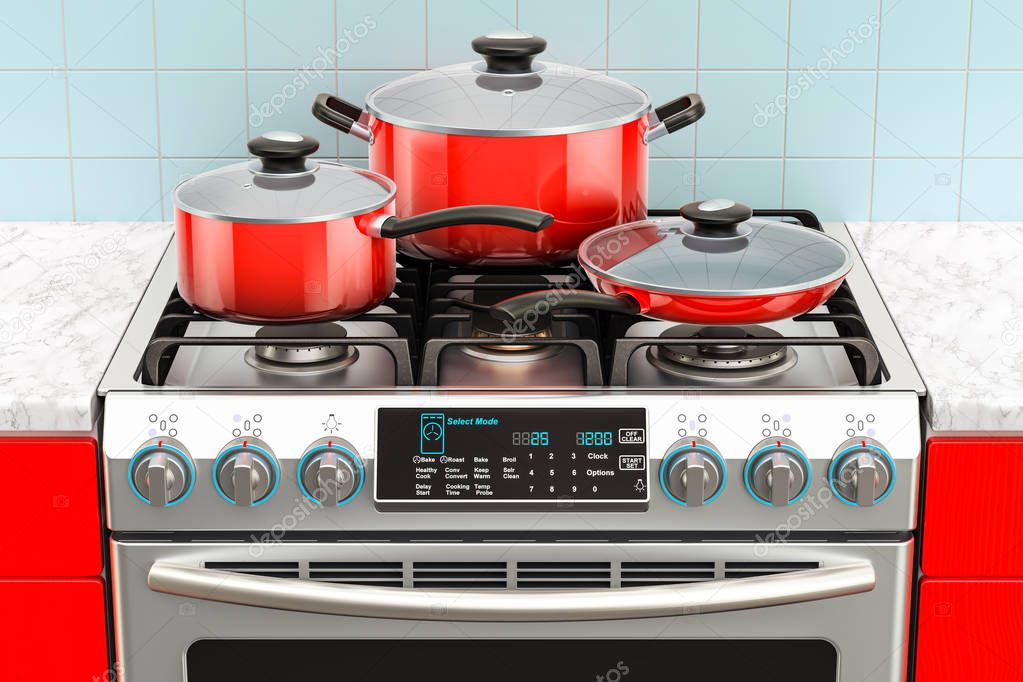 Steel gas cooker with pot, pan and frypan. 3D rendering