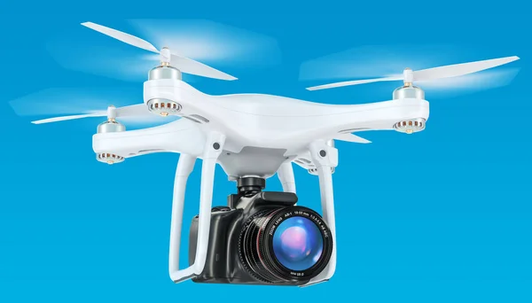 Drone con cámara en el cielo azul, representación 3D — Foto de Stock