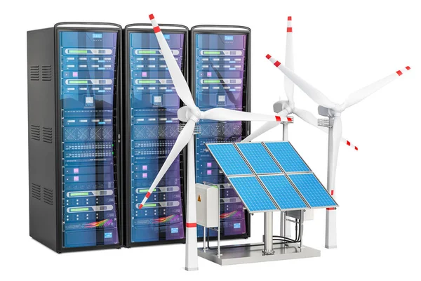 Bastidores de servidores informáticos con paneles solares y turbinas eólicas, 3D re — Foto de Stock