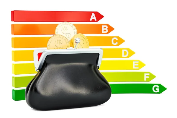 Energy efficiency chart with purse full of golden coins, 3D rend — Stock Photo, Image