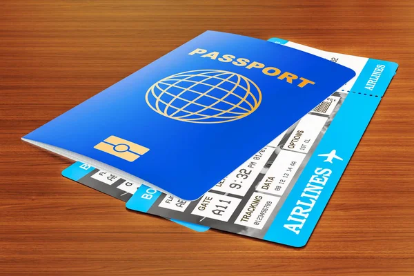 Paszport i bilety na drewnianym stole, renderowania 3d — Zdjęcie stockowe