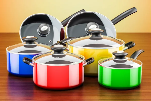 Conjunto de utensilios de cocina de colores y utensilios de cocina. Ollas y p —  Fotos de Stock