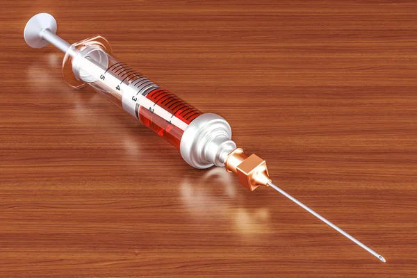 Syringe with drug on the wooden table. 3D rendering — Stock Photo, Image