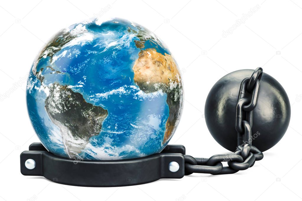 Earth Globe with prison shackle, 3D rendering