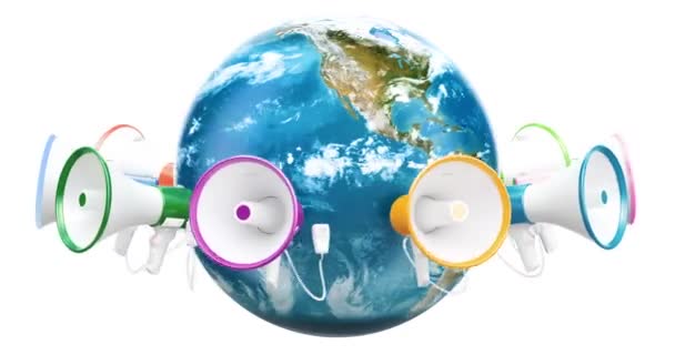 Concepto Promoción Global Megáfonos Alrededor Animación Earth Globe Representación Aislada — Vídeos de Stock