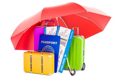 Travel insurance concept, passport with tickets and suitcases un clipart