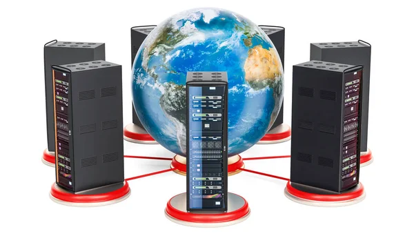 Počítač serveru nosičů po celém světě země. 3D vykreslování — Stock fotografie