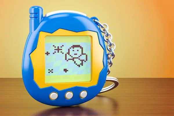 Tamagotchi-Spiel, Haustiere Taschenspiel auf dem Holztisch. 3D-Darstellung — Stockfoto