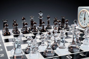 Dama Tahtası ile cam satranç figürleri ve satranç saati, 3d render
