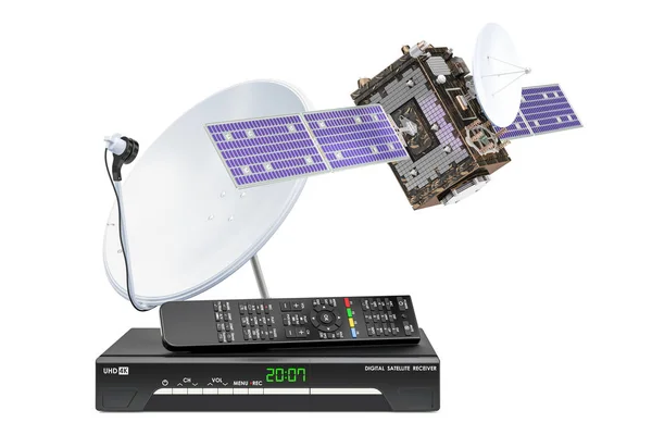 Digitální satelitní přijímač se satelitním příjmem a satelitní parabolu. 3D — Stock fotografie