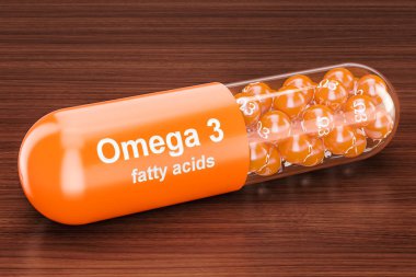 Omega-3 kapsül ahşap masa üzerinde. 3D render