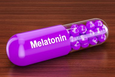 Melatonin kapsülünde ahşap masa. 3D render