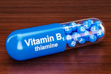 Ahşap masa vitamini kapsülünde B1. 3D render