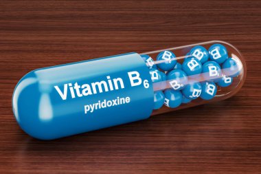 Ahşap masa vitamini kapsülünde B6. 3D render