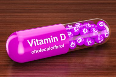 D vitamini kapsülü ahşap masa üzerinde. 3D render