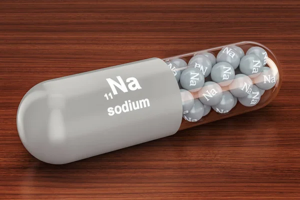Kapsel med natrium Na element på träbord. 3D-rendering — Stockfoto