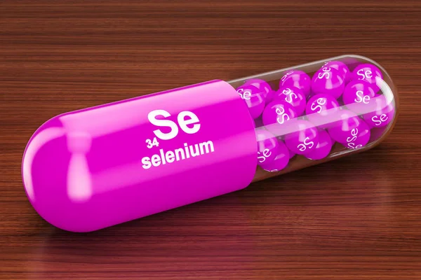 Capsule Se selenium on the wooden table. 3D rendering — Stock Photo, Image