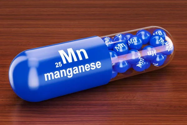 Cápsula con elemento Mn de manganeso en la mesa de madera. Rende 3D — Foto de Stock